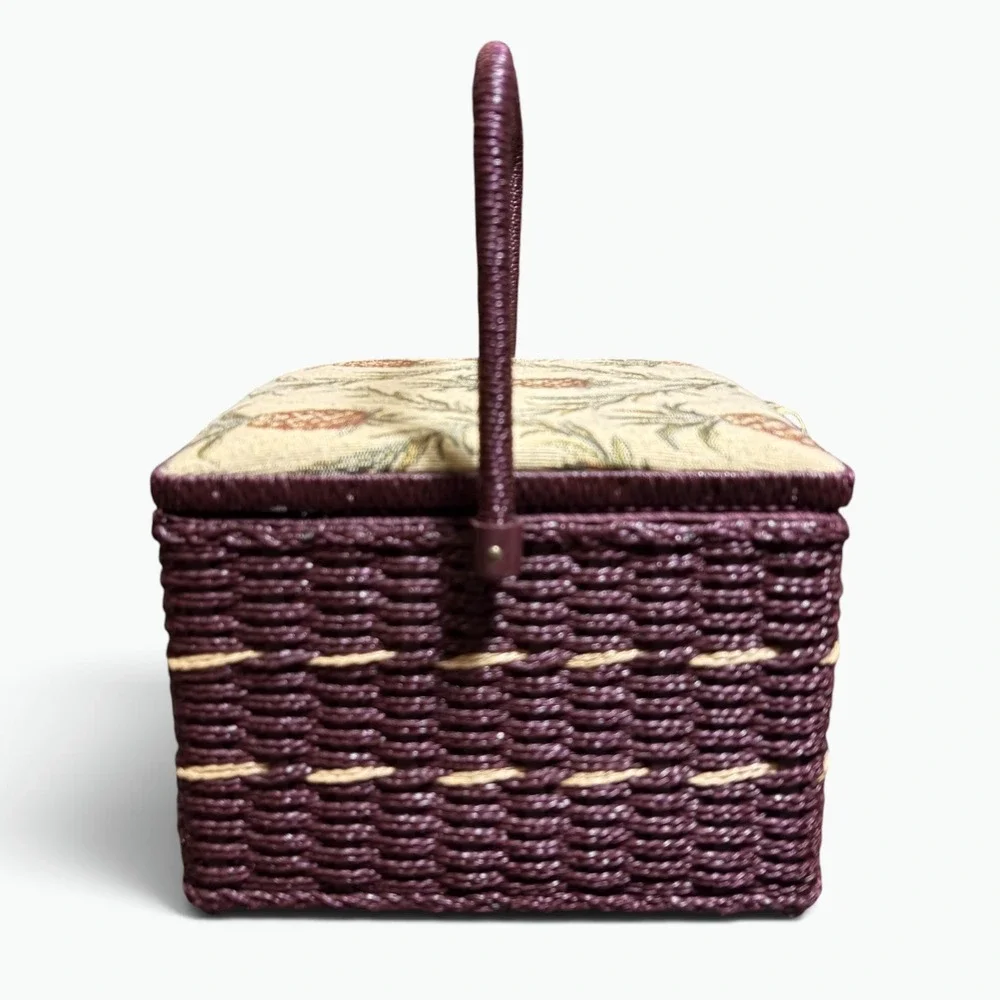 Vintage Plum Wicker Sewing Basket Pineapple Tapestry Lid Cottagecore Organizer